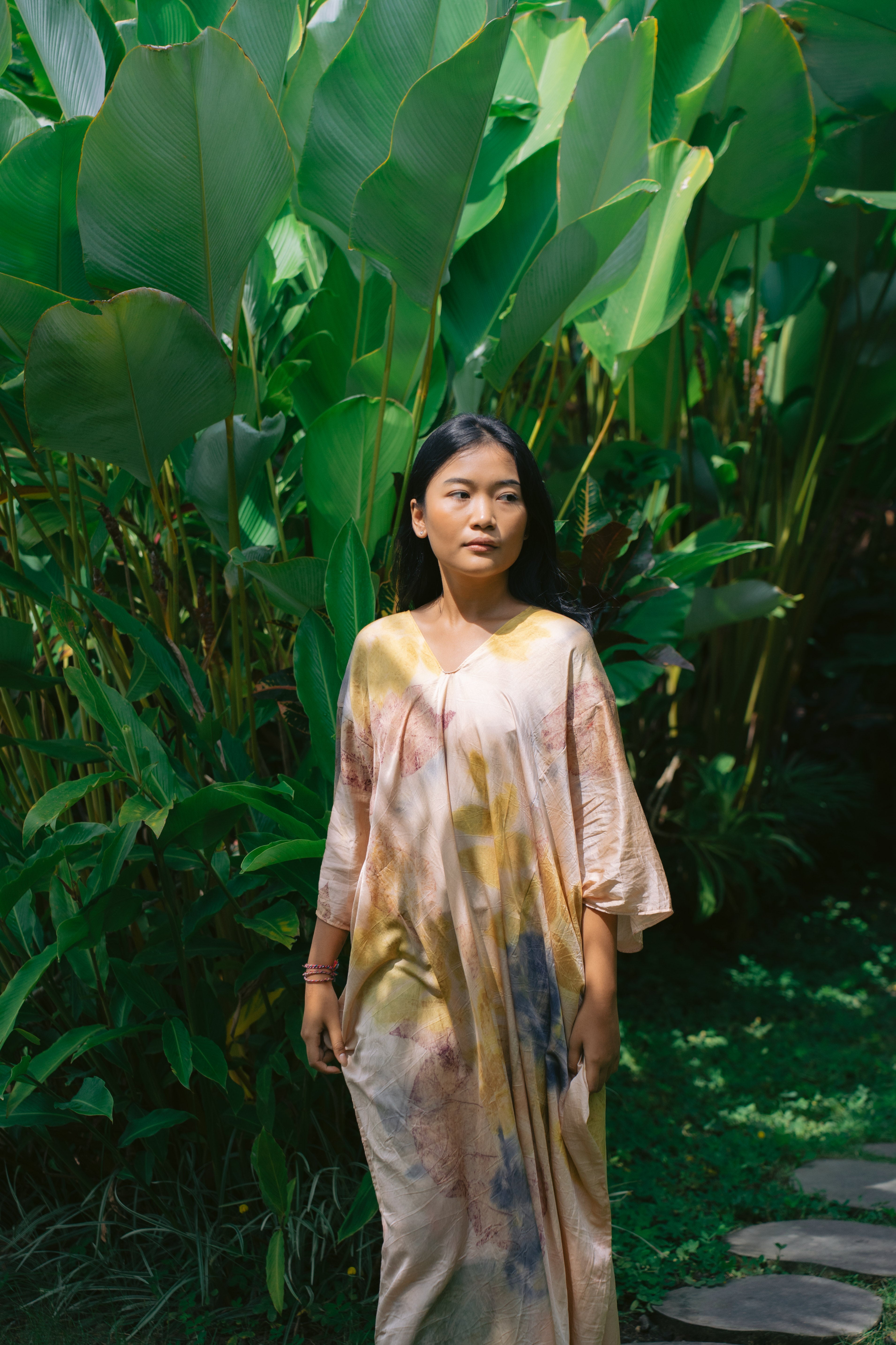 The Parvati – Pink Yellow, Purple, Red & Green Cotton Silk Eco Print Dress